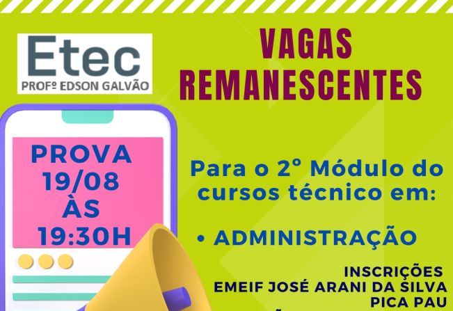 VAGAS RENANESCENTES - CURSO ADMINISTRAÇÃO - ETEC